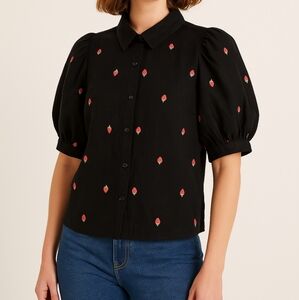 Linen Strawberry Collared‎ Button Down Balloon Sleeve Blouse, Medium
